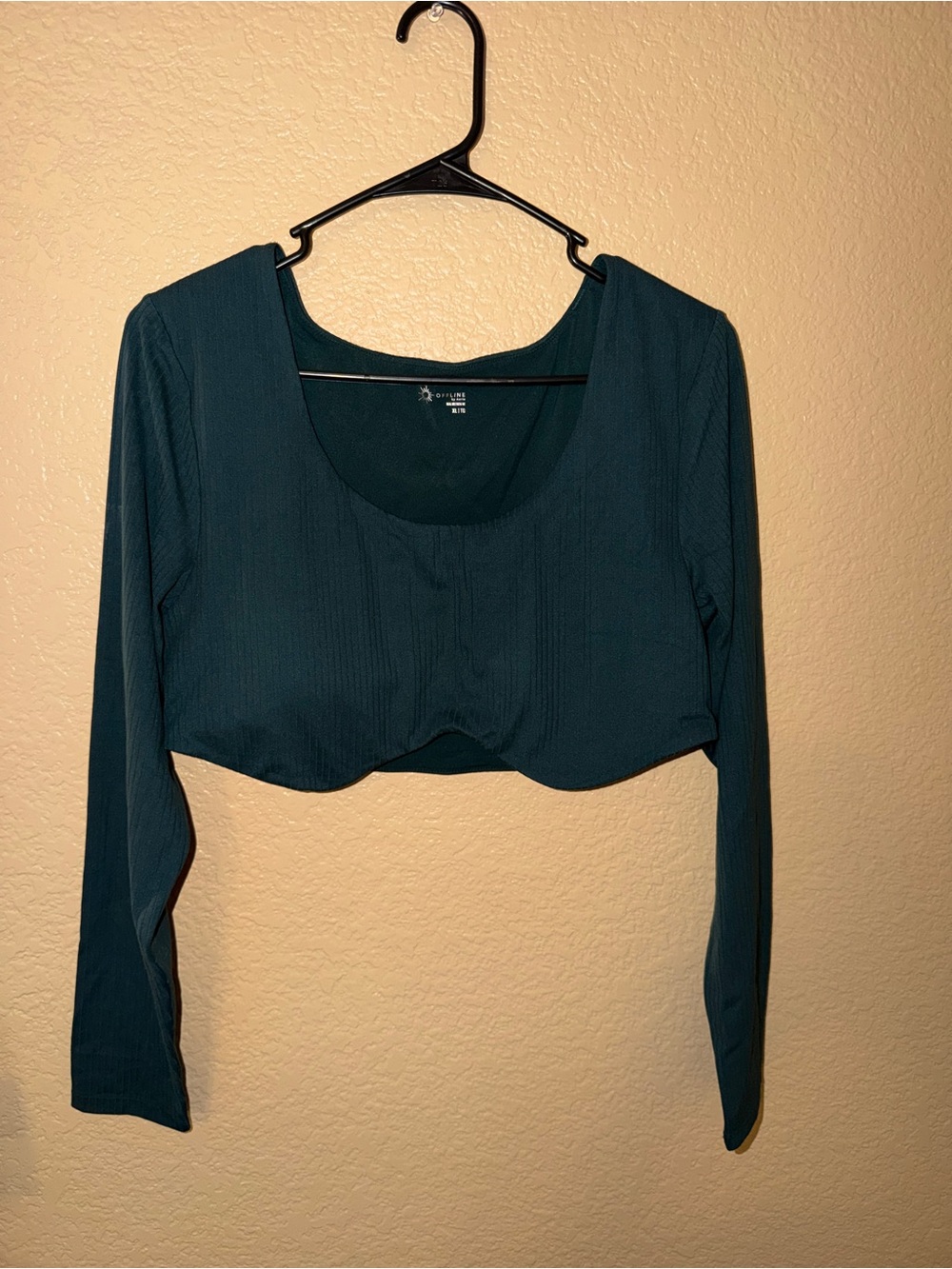 AERIE Long Sleeve Scoop Neck Cropped Top in Teal
